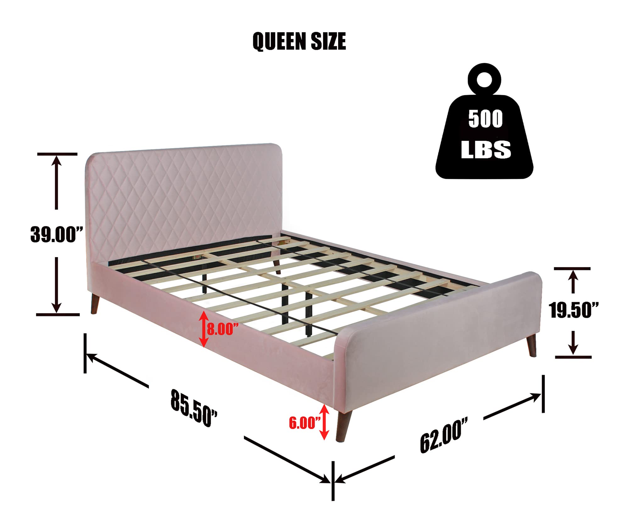 Better Home Products Roza Velvet Upholstered Queen Bed with Headboard Light Pink